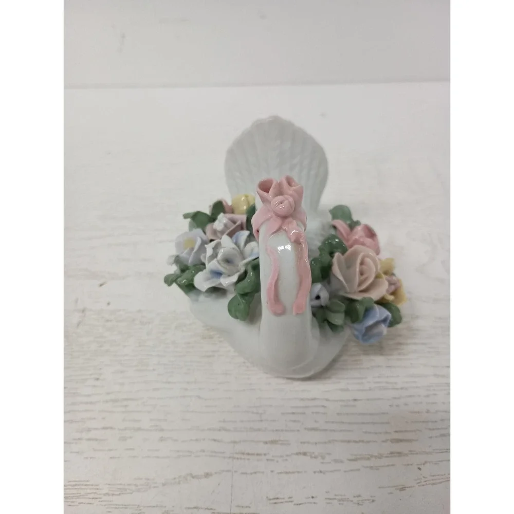 Vintage Swan Figurine With 3D Floral Design Porcelain Cottagecore Country Decor